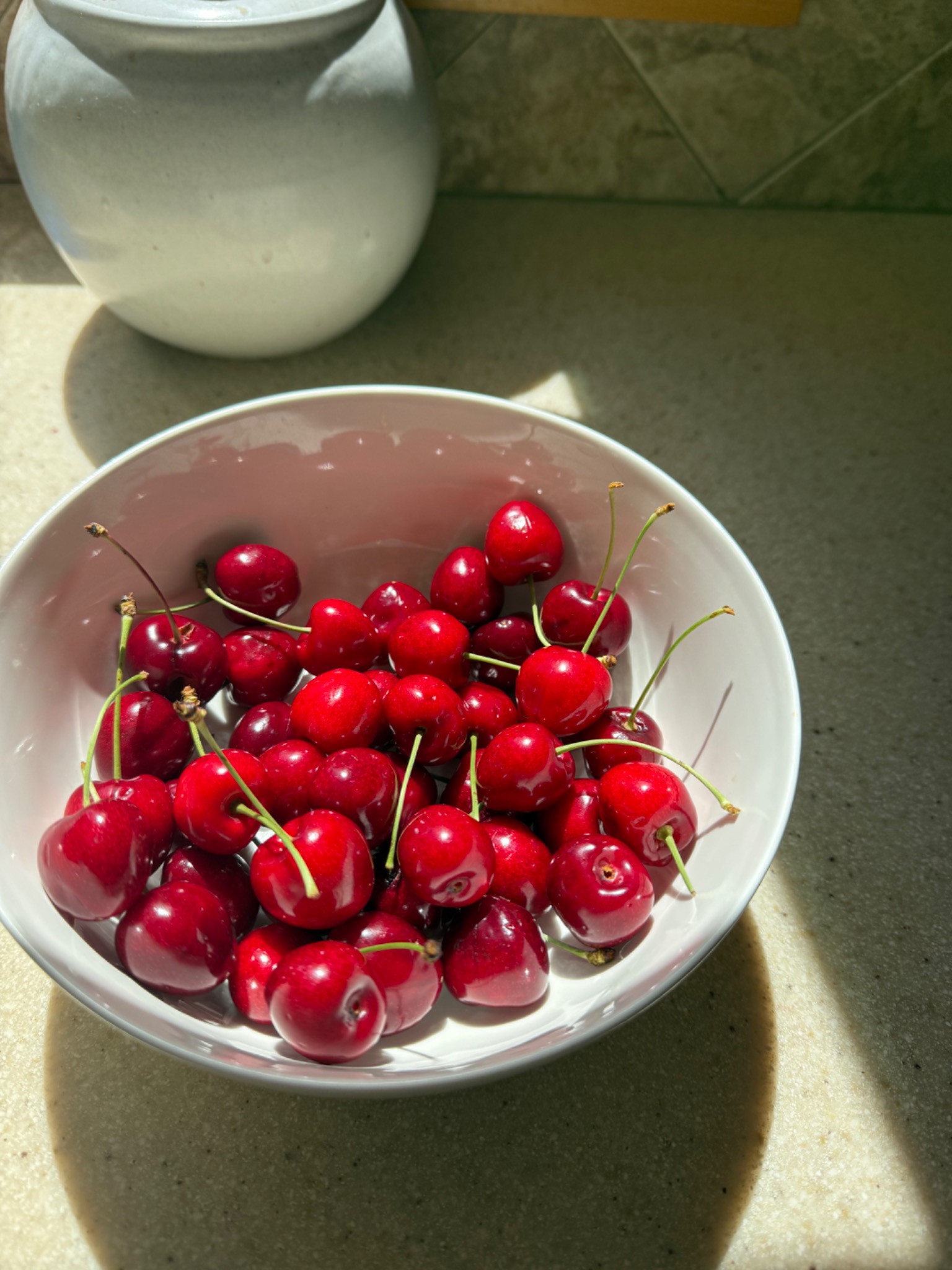 Fresh red cherries in a white bowl