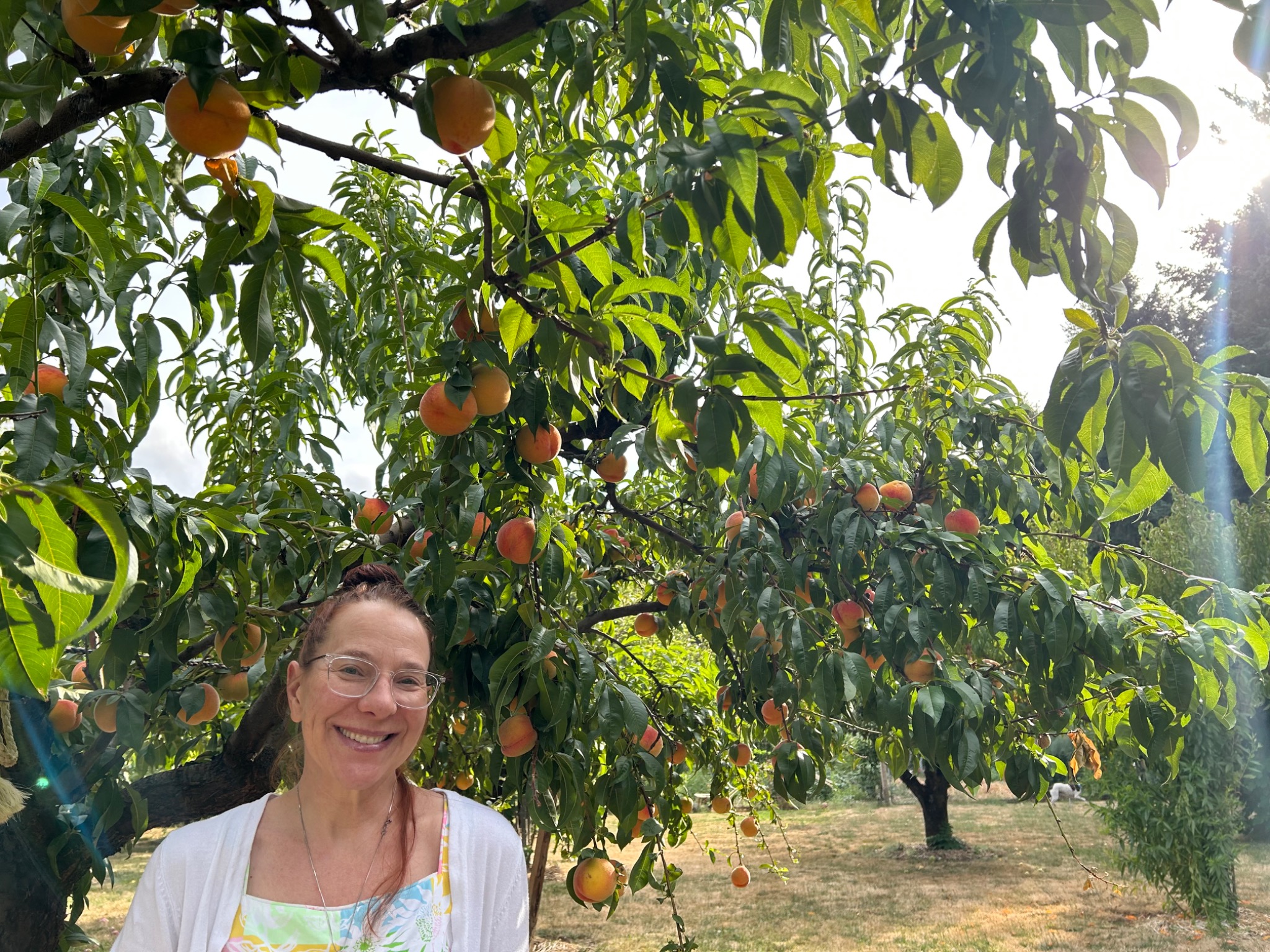 Rebecca smiling beneath a peach tree at Stem & Stone Orchard